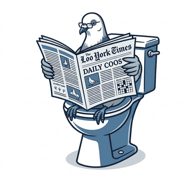 A pigeon reading The Loo York Times on a toilet